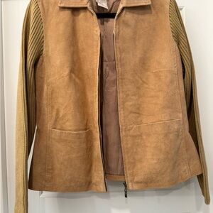 A.M.I. Ribbed Sleeves Collared Pockets Full Zip Suede Leather Jacket